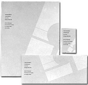 Identity package for The University of Michigan President using a styllized image of the sculpture outside the office