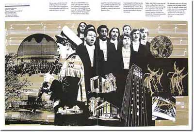 Illustration of photos and line art for UM MUsic fundraising booklet 